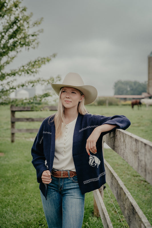 'Sunset Rides' Navy Horse Print Open Cardigan by Lyla + Luxe