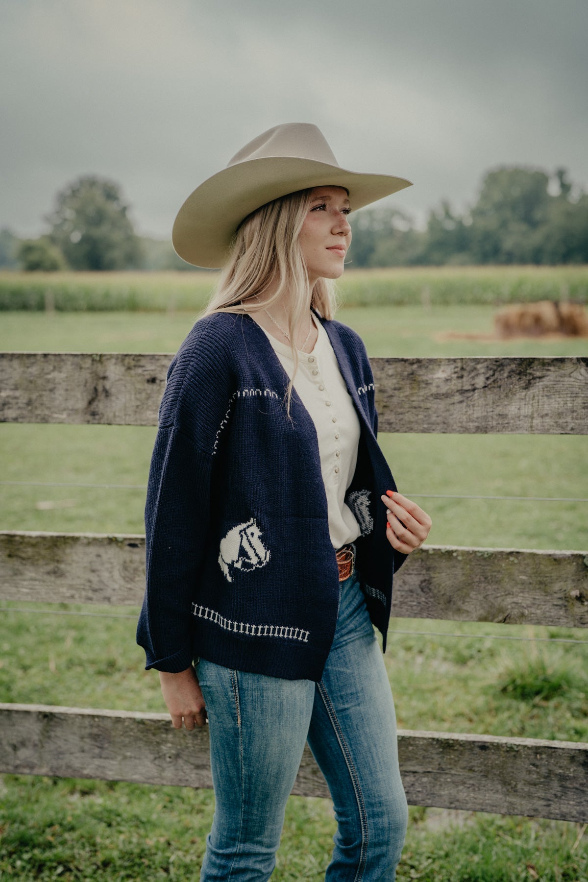 'Sunset Rides' Navy Horse Print Open Cardigan by Lyla + Luxe