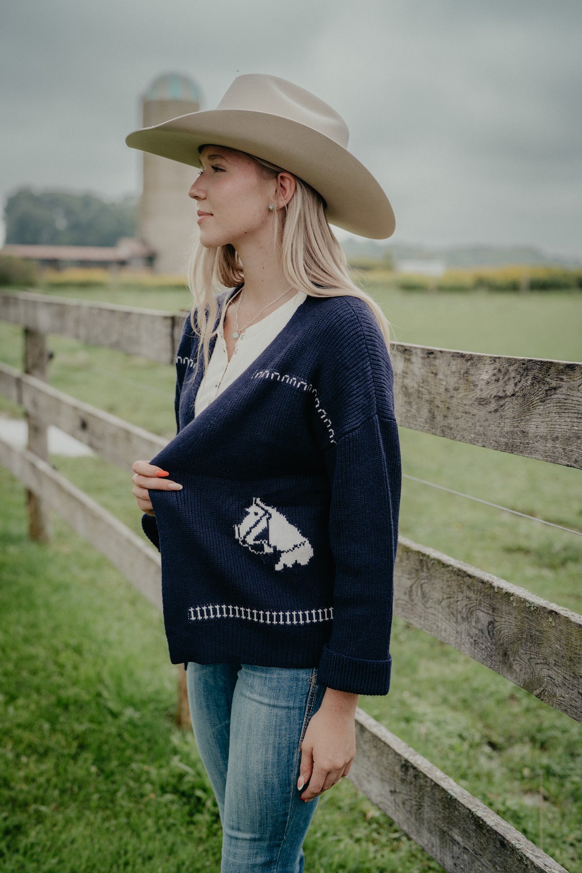 'Sunset Rides' Navy Horse Print Open Cardigan by Lyla + Luxe