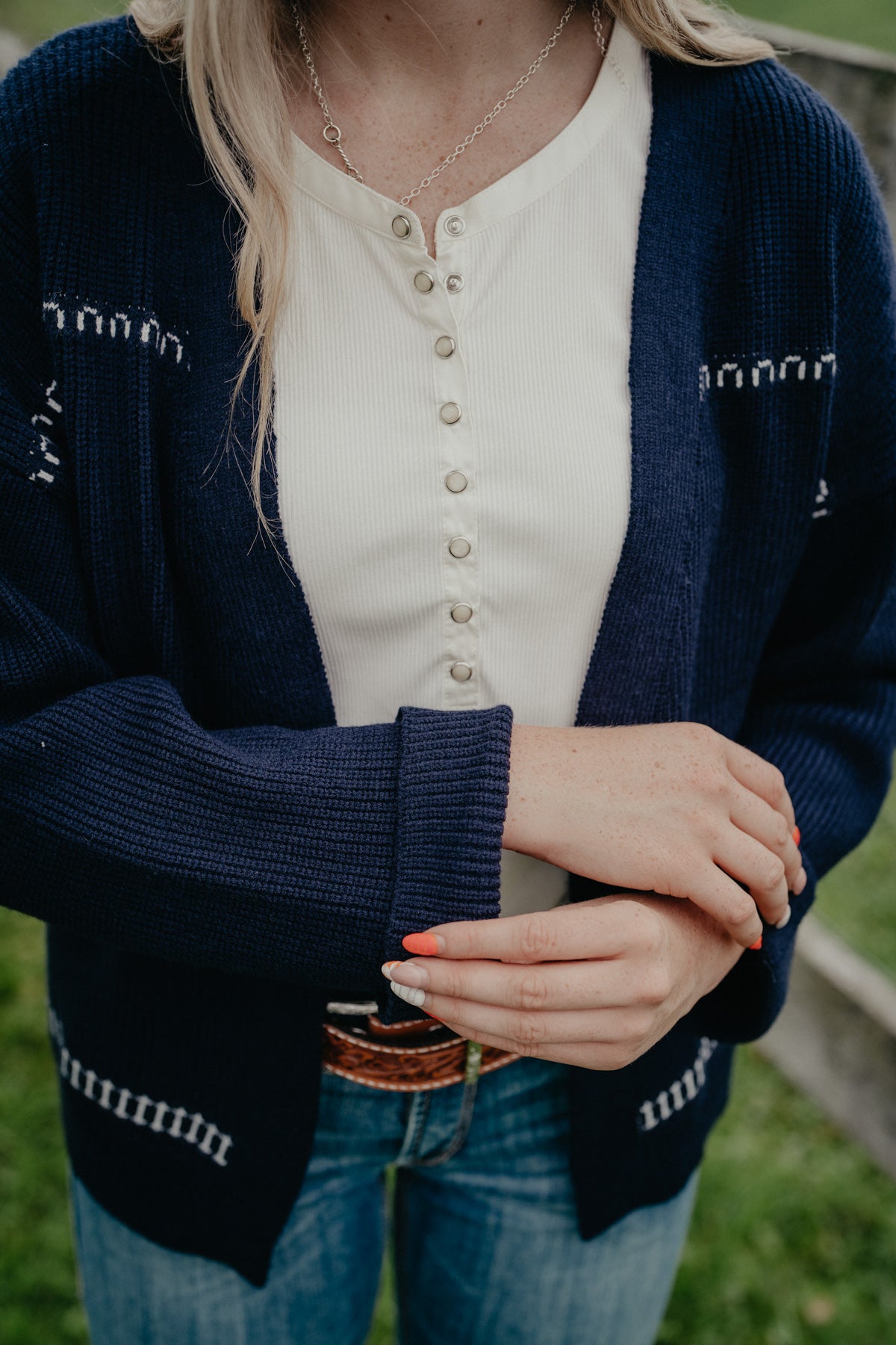 'Sunset Rides' Navy Horse Print Open Cardigan by Lyla + Luxe
