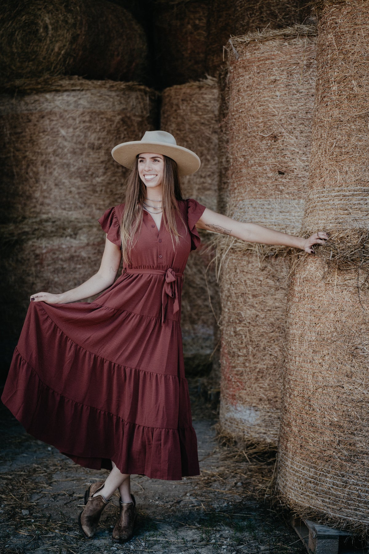 'Bridget' Clay Tiered Ruffle Sleeve Maxi Dress