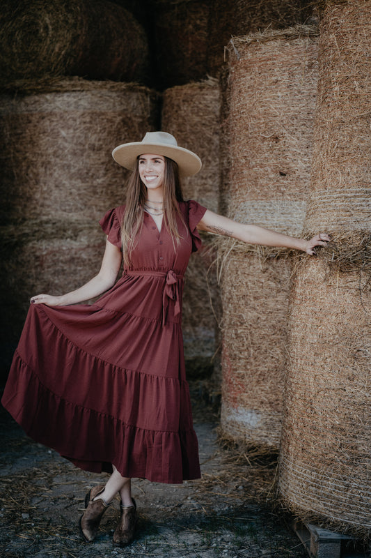 'Bridget' Clay Tiered Ruffle Sleeve Maxi Dress