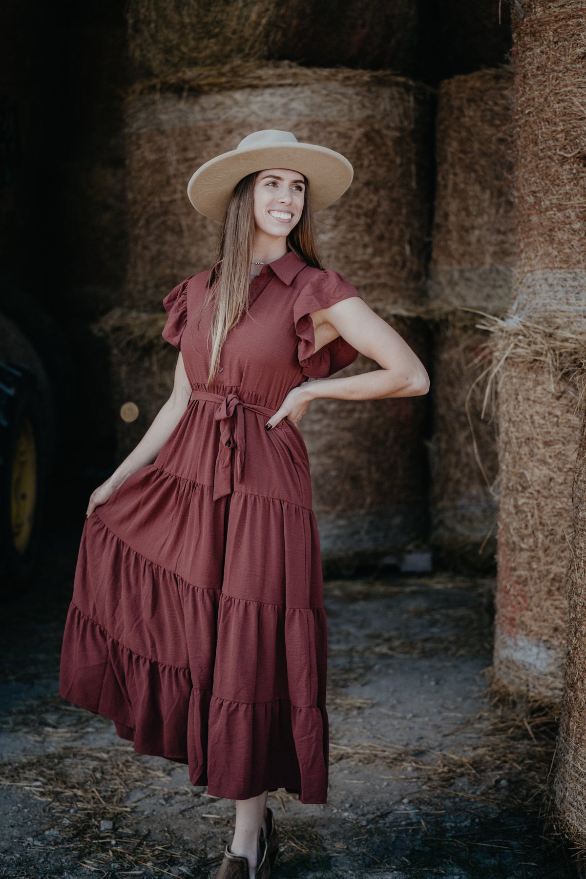 'Bridget' Clay Tiered Ruffle Sleeve Maxi Dress