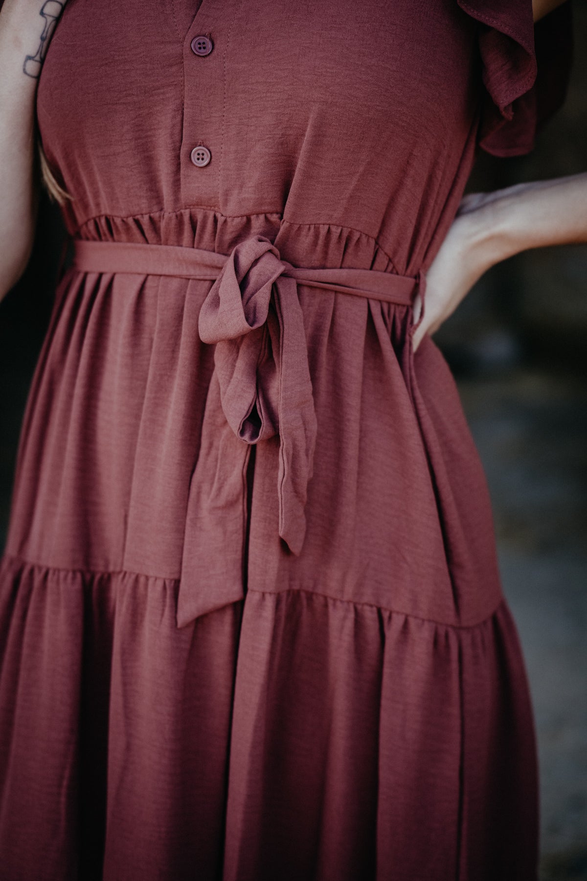 'Bridget' Clay Tiered Ruffle Sleeve Maxi Dress