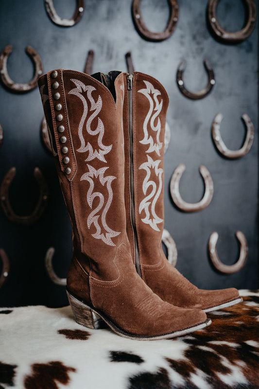'Mia' Chocolate Suede Tall Studded Boot (Size 6-11, B & C Widths)