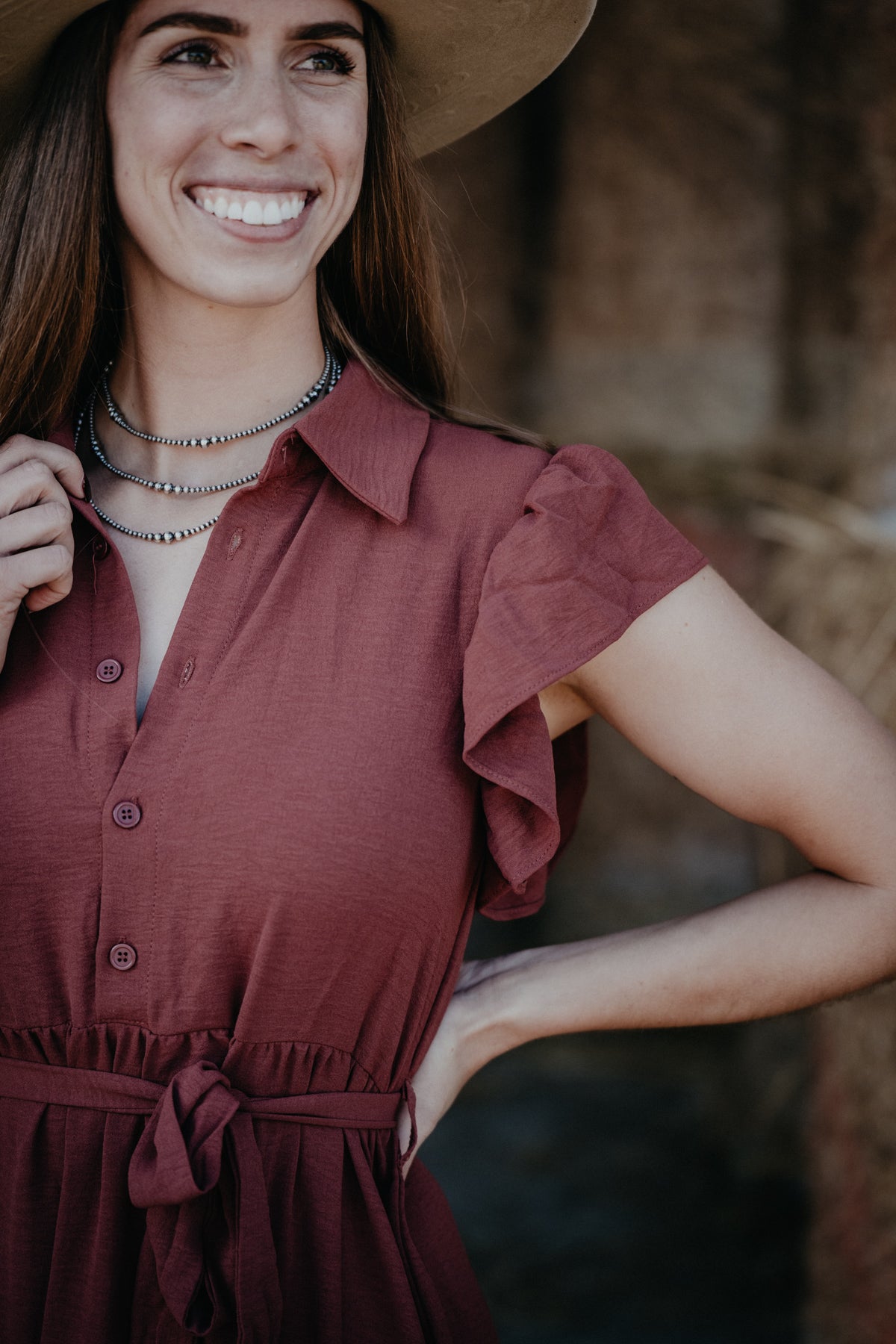'Bridget' Clay Tiered Ruffle Sleeve Maxi Dress