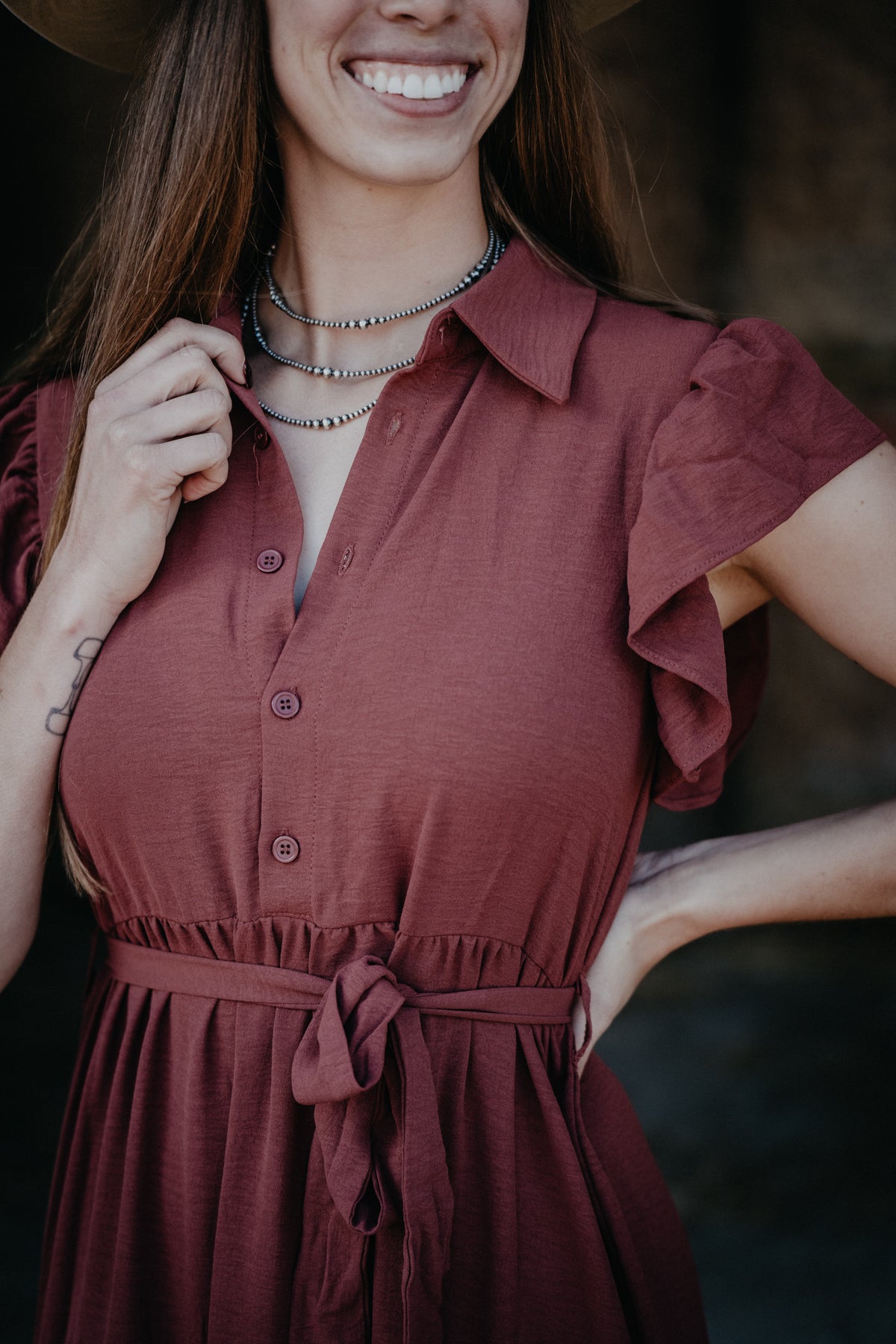 'Bridget' Clay Tiered Ruffle Sleeve Maxi Dress