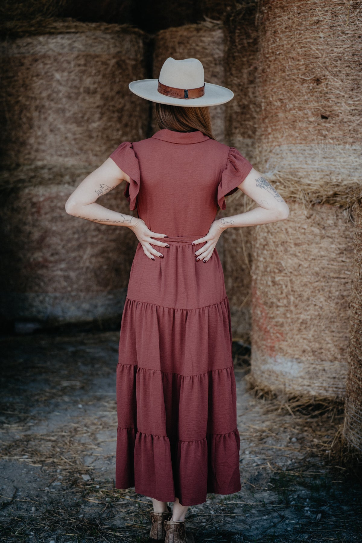 'Bridget' Clay Tiered Ruffle Sleeve Maxi Dress