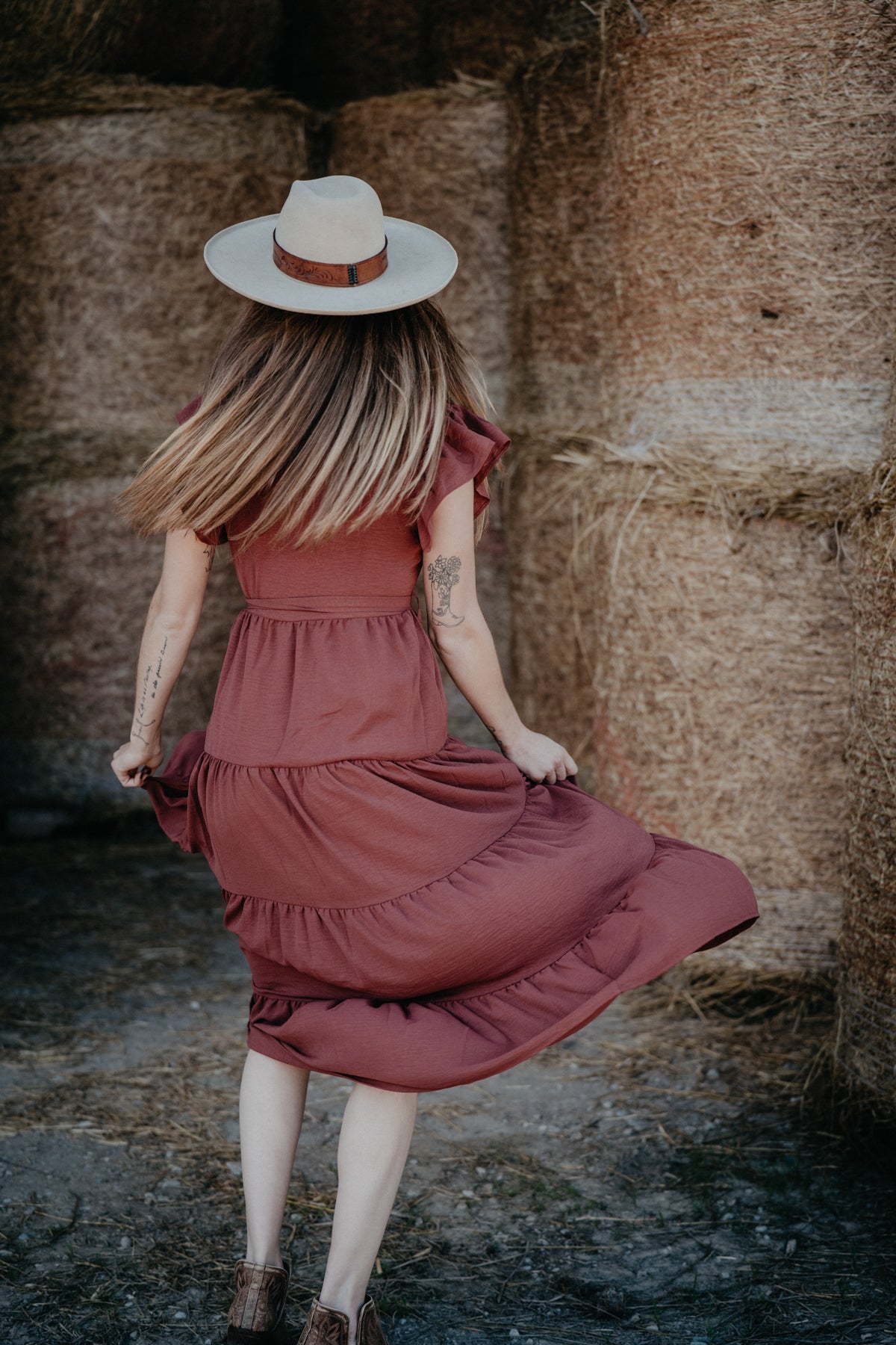 'Bridget' Clay Tiered Ruffle Sleeve Maxi Dress
