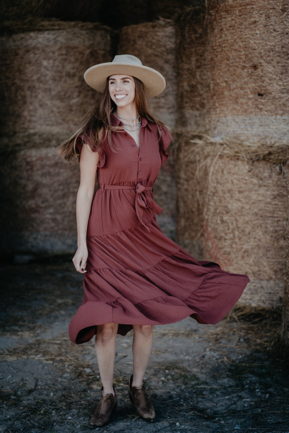 'Bridget' Clay Tiered Ruffle Sleeve Maxi Dress