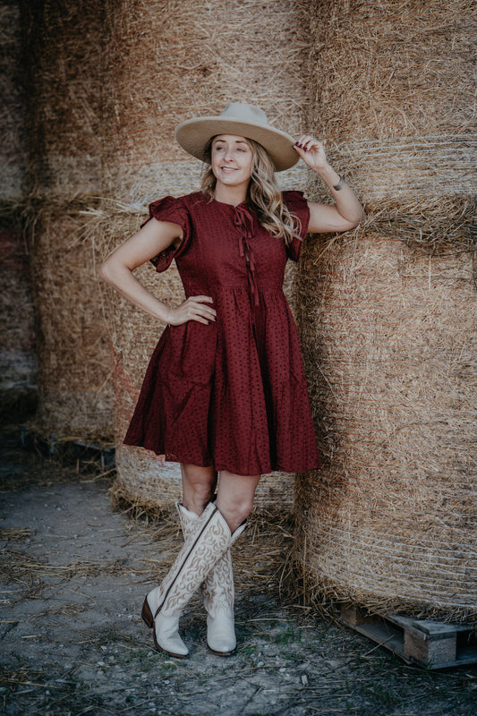 'Sierra Red' Burgundy Eyelet Front Tie Dress