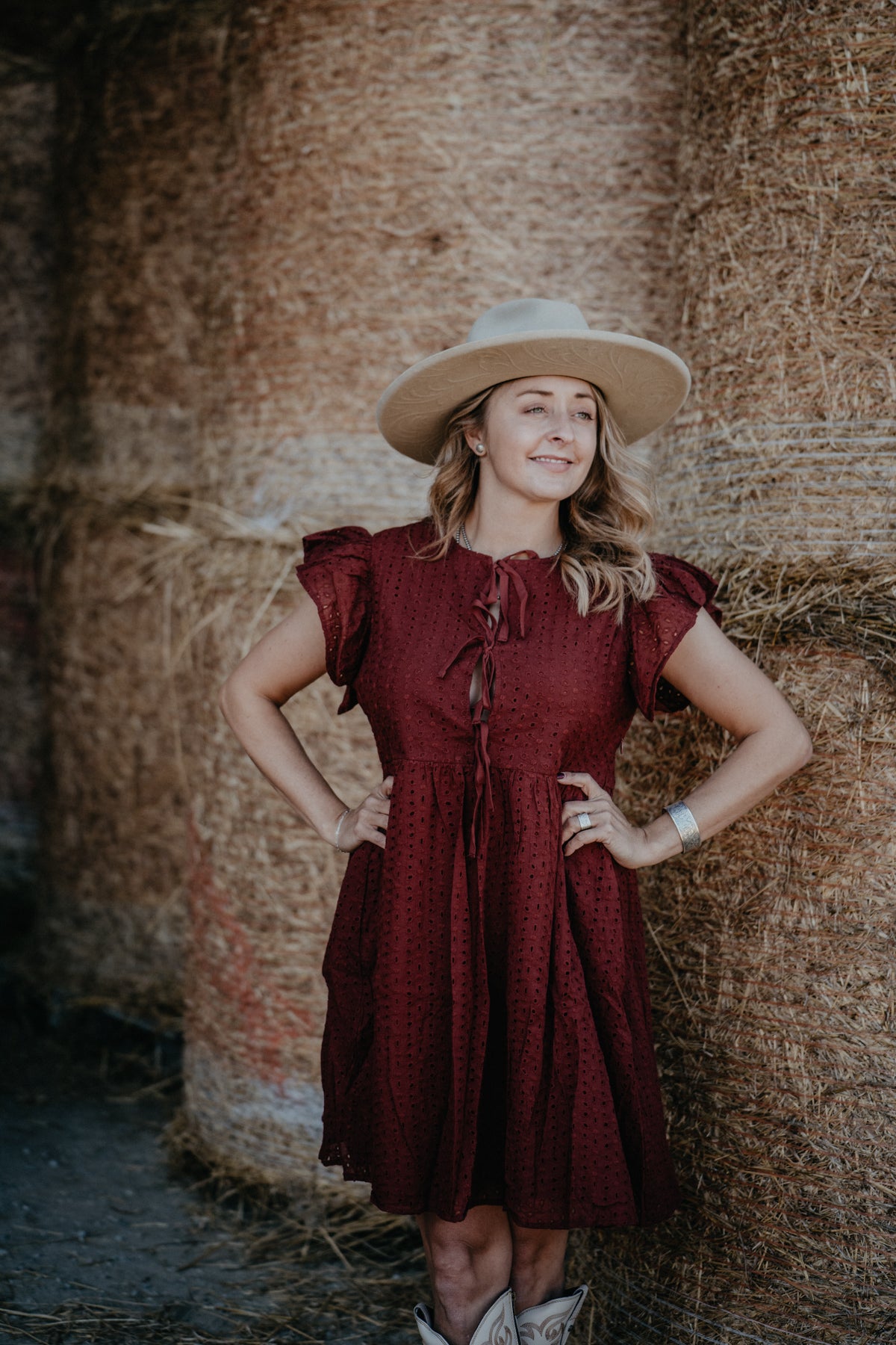 'Sierra Red' Burgundy Eyelet Front Tie Dress