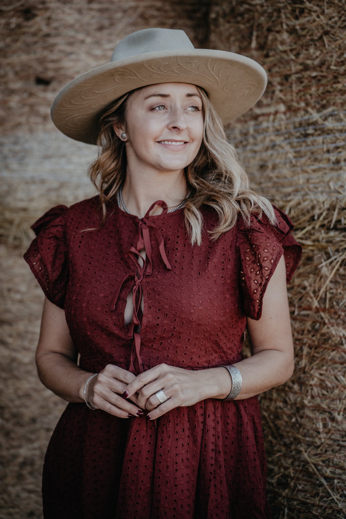 'Sierra Red' Burgundy Eyelet Front Tie Dress