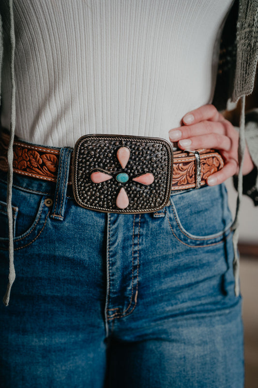 Rectangular German Silver Dot Buckle with Pink Conch & Turquoise Stones by Paige Wallace