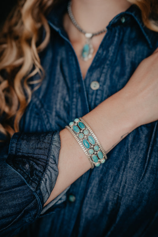 Sterling Turquoise Pattern Cuff With Engraved Detail