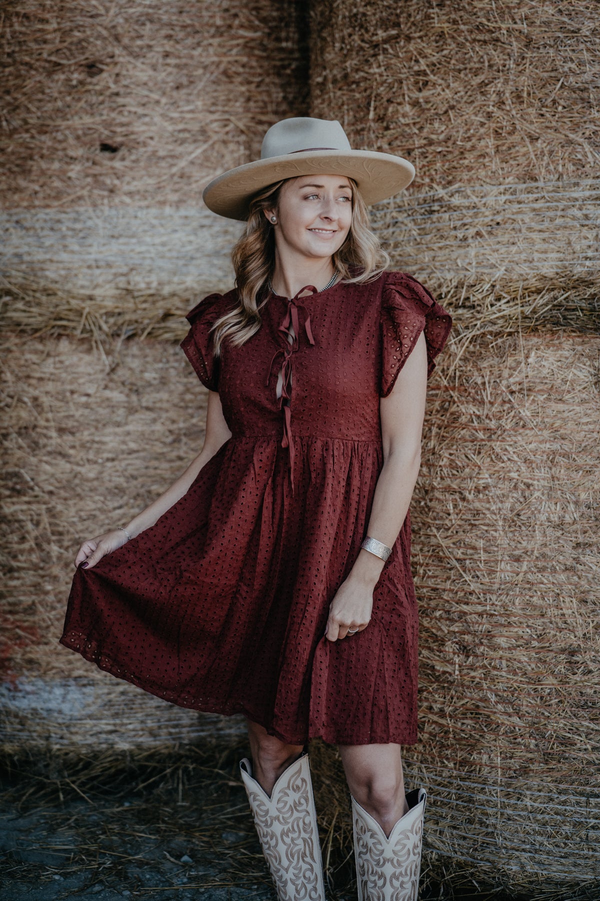 'Sierra Red' Burgundy Eyelet Front Tie Dress