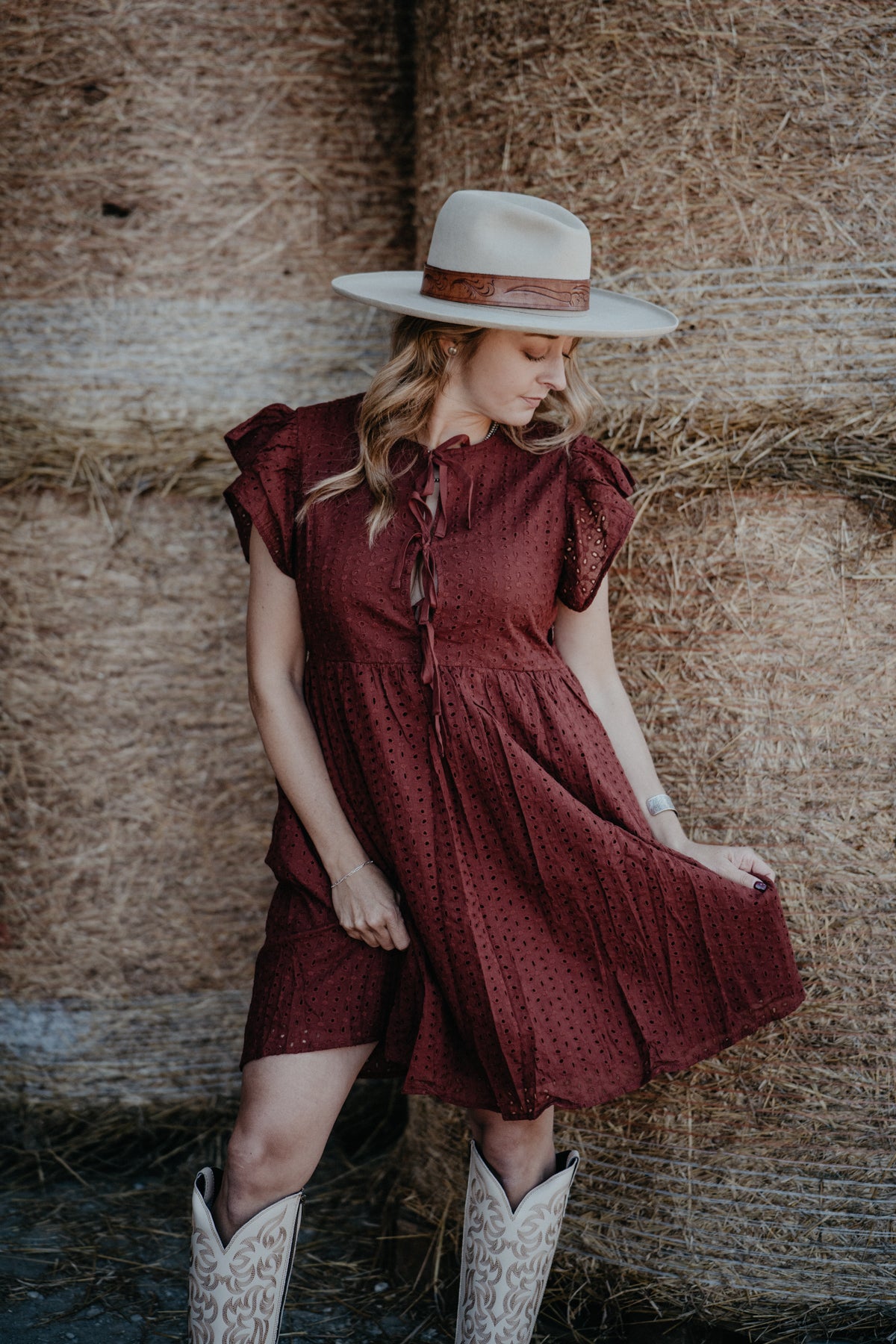 'Sierra Red' Burgundy Eyelet Front Tie Dress