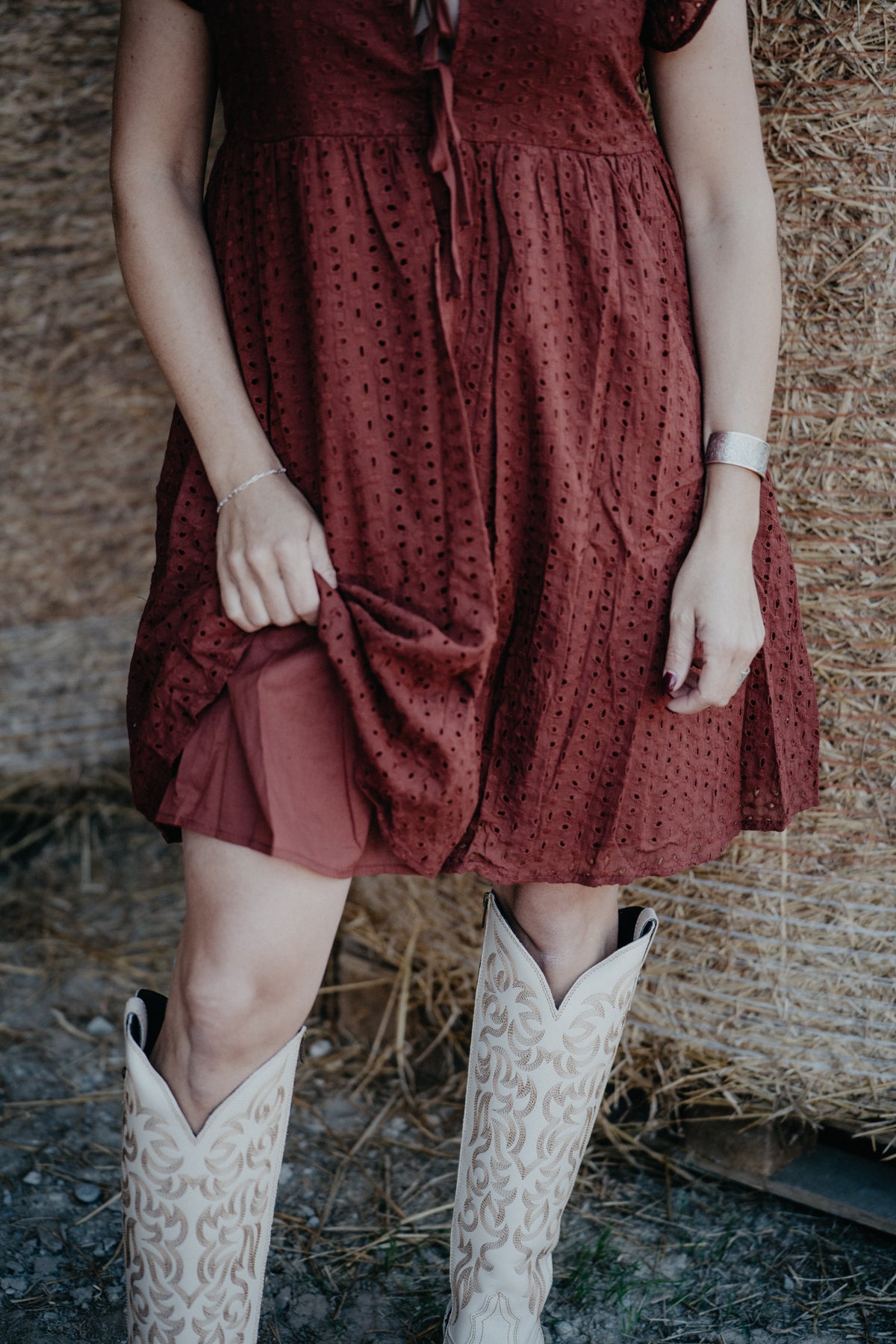 'Sierra Red' Burgundy Eyelet Front Tie Dress