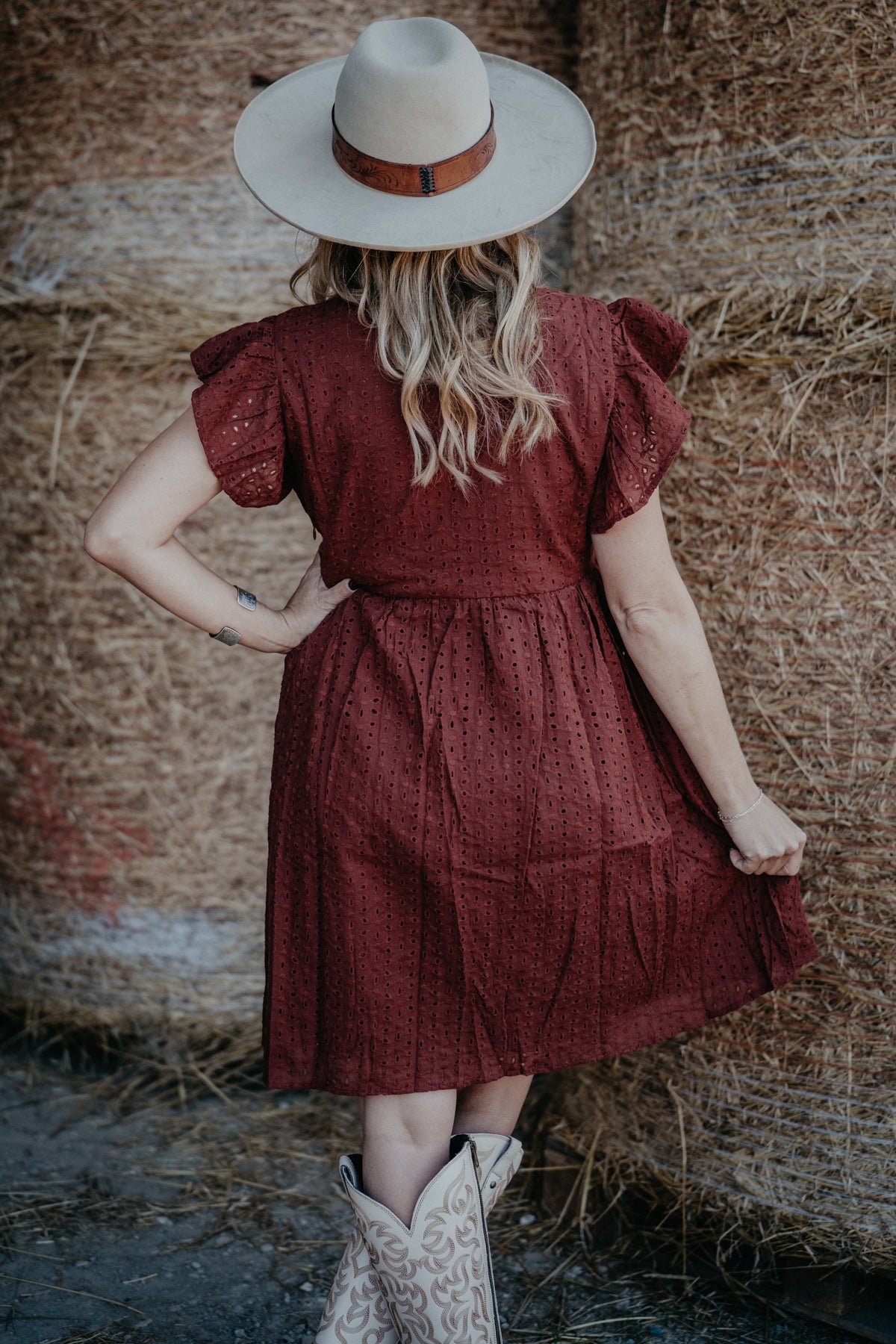 'Sierra Red' Burgundy Eyelet Front Tie Dress