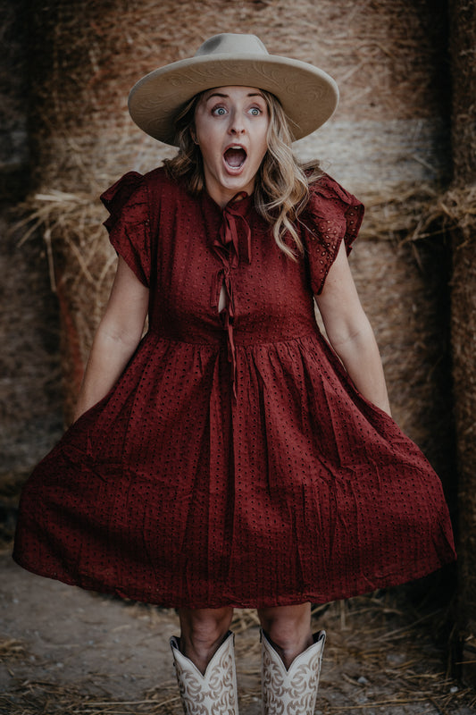 'Sierra Red' Burgundy Eyelet Front Tie Dress