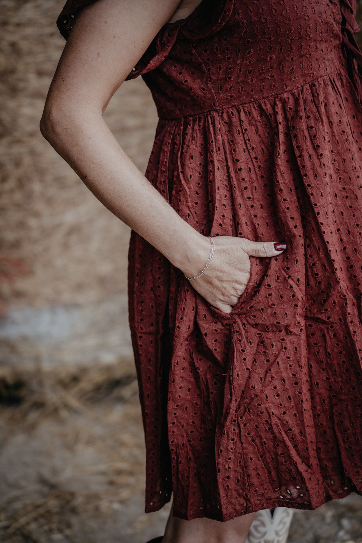 'Sierra Red' Burgundy Eyelet Front Tie Dress