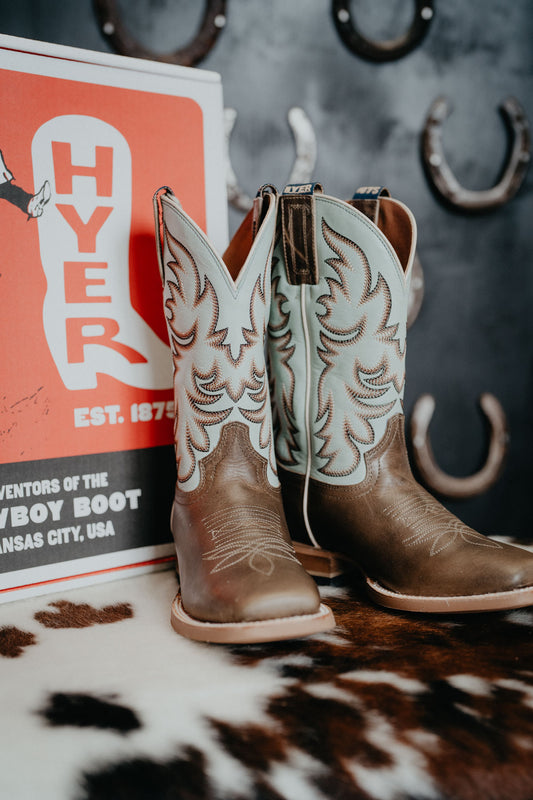 'Topeka' 11" Tan Women's Hyer Square Toe Cowboy Boot with Robin's Egg Upper (Size 6-10; B Width)