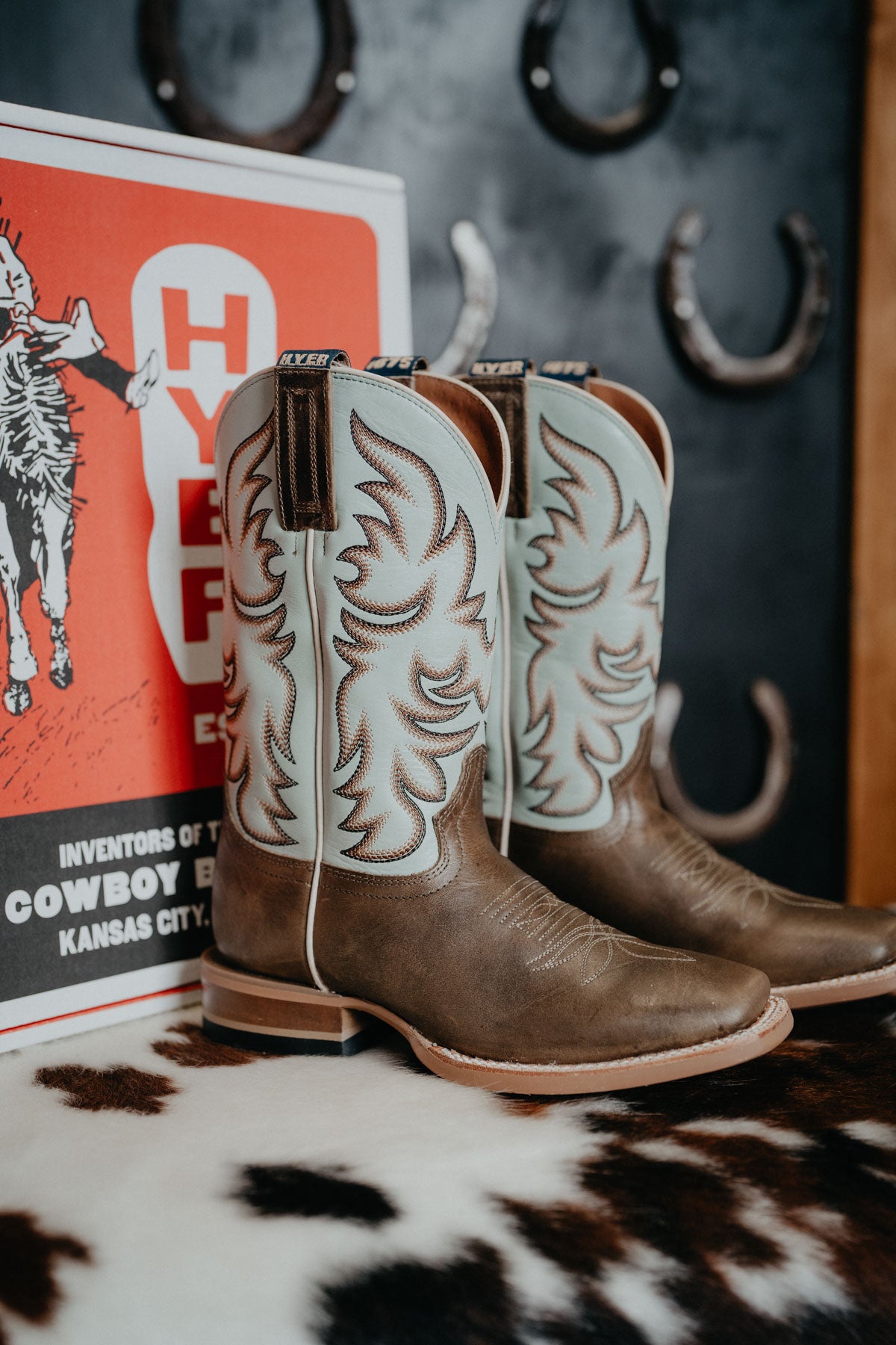 'Topeka' 11" Tan Women's Hyer Square Toe Cowboy Boot with Robin's Egg Upper (Size 6-10; B Width)