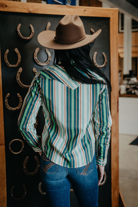 'Kai' Women's Kimes Green Retro Striped Long Sleeve Pearl Snap (S - XXL)