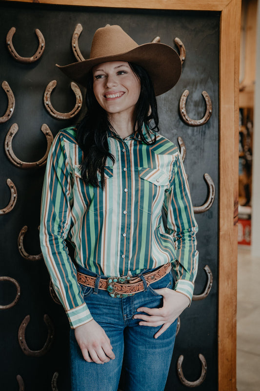 'Kai' Women's Kimes Green Retro Striped Long Sleeve Pearl Snap (S - XXL)