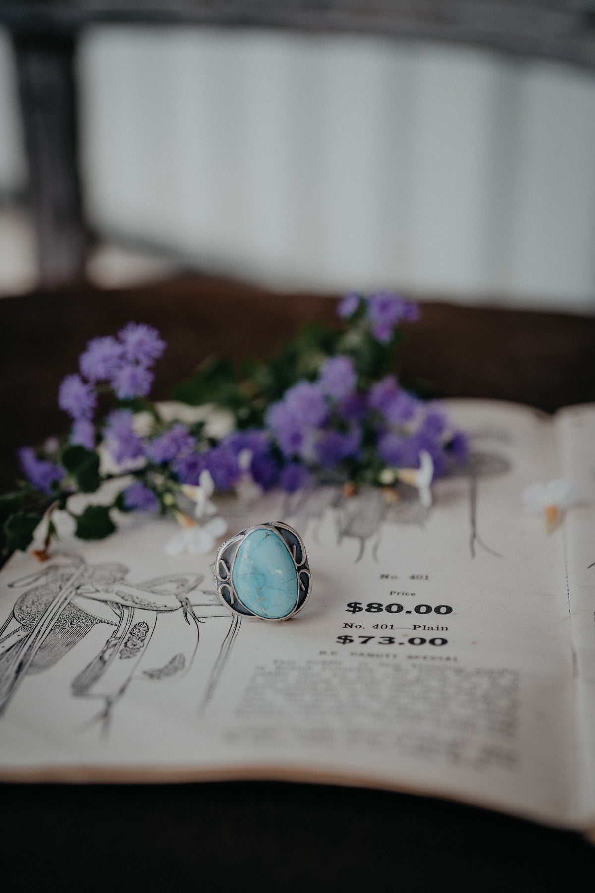 Blue Turquoise Matrix Adjustable Ring with Aztec Band
