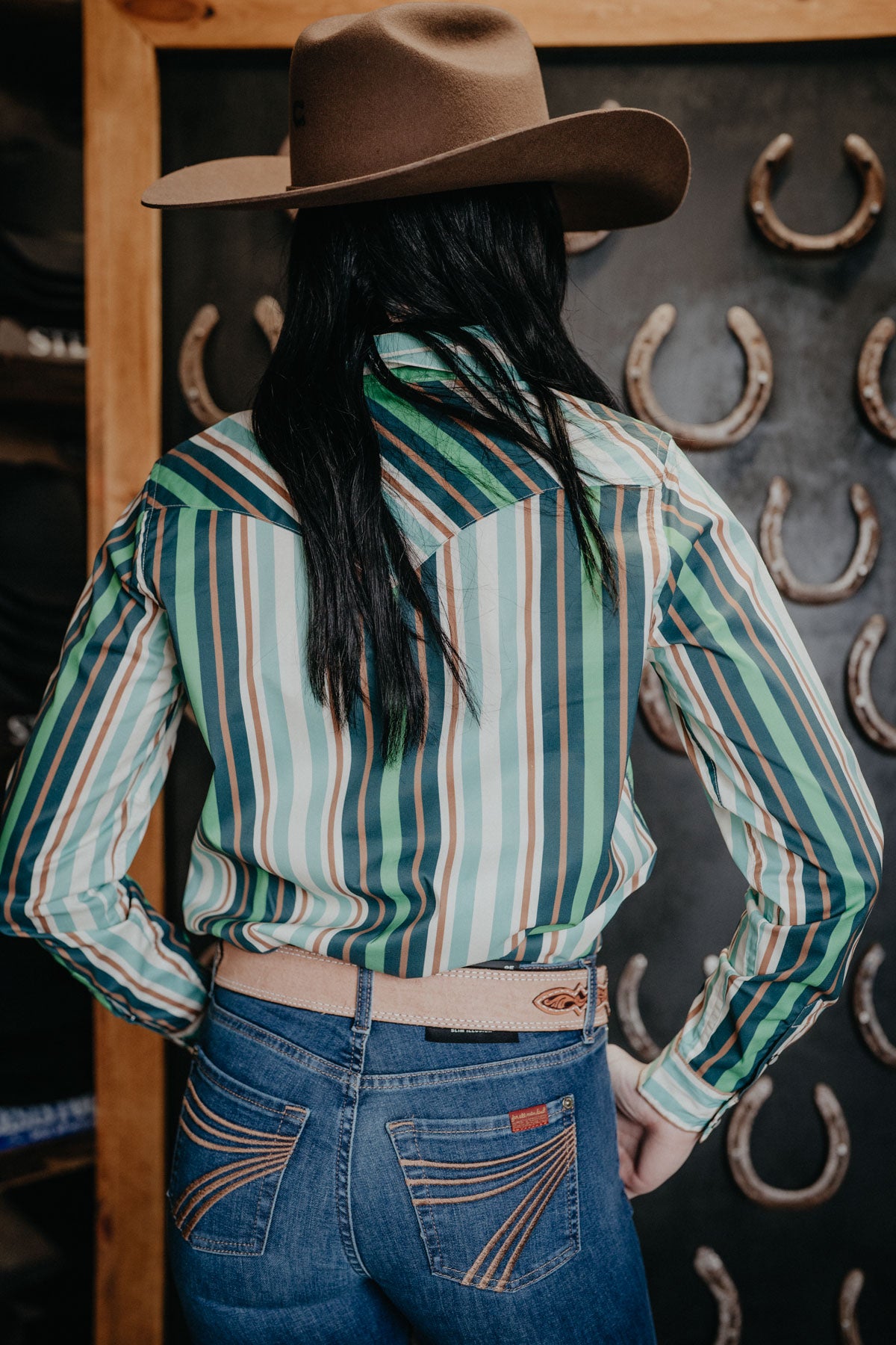 'Kai' Women's Kimes Green Retro Striped Long Sleeve Pearl Snap (S - XXL)