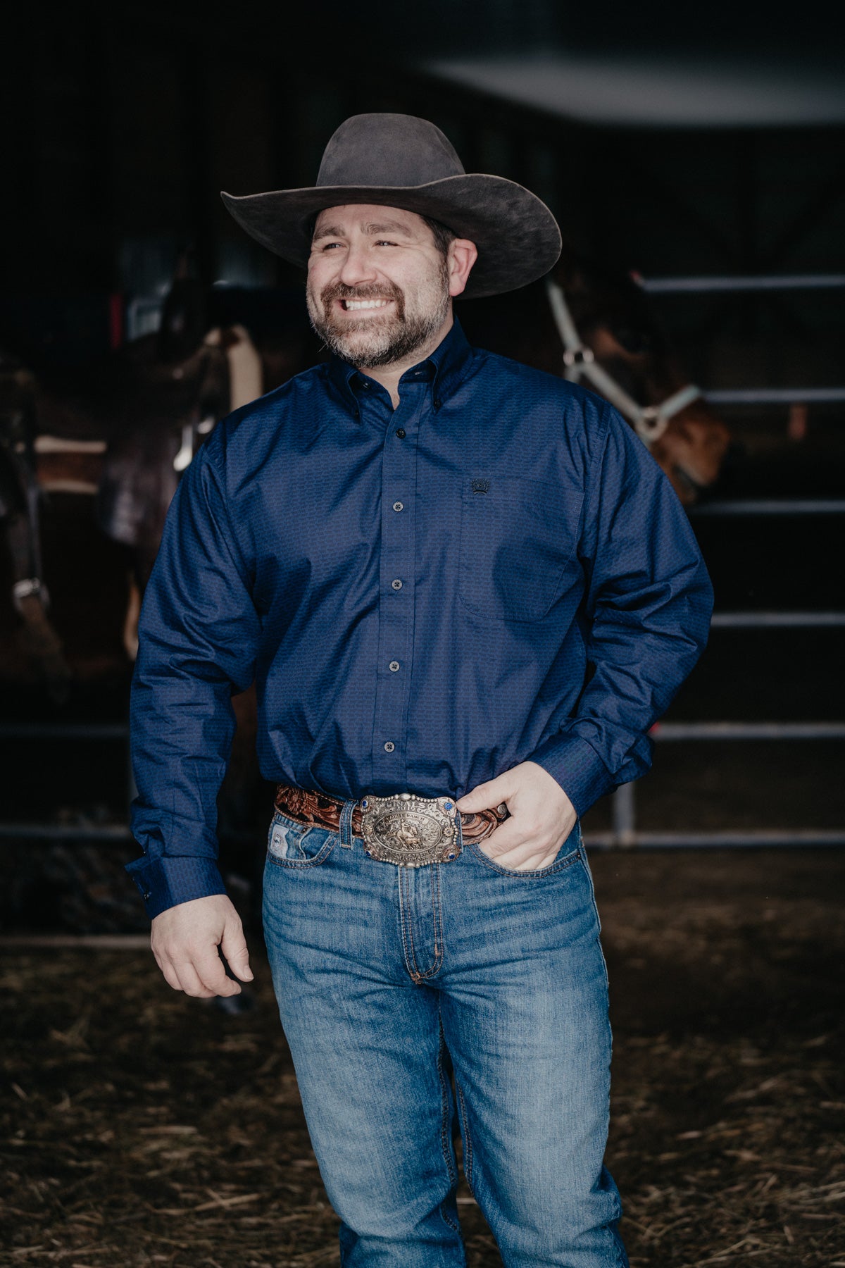 'Johnny' CINCH Navy Mini Cow Print Men's Button Up (XS,S,L Only)