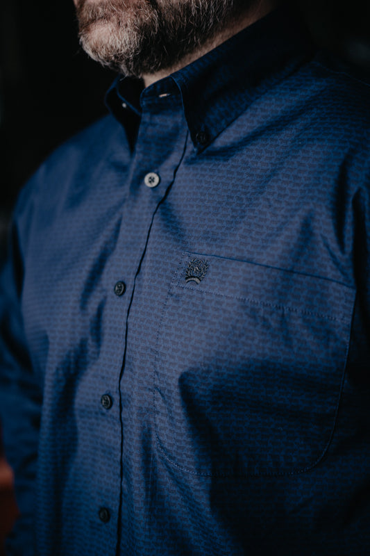 'Johnny' CINCH Navy Mini Cow Print Men's Button Up (XS,S,L Only)