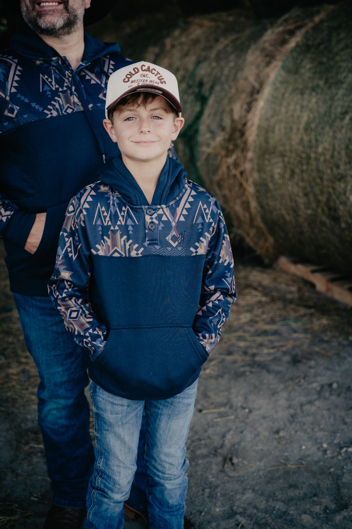 'Jimmy Jr' Boys Dark Navy Hoodie with Navy/Tan Aztec Pattern
