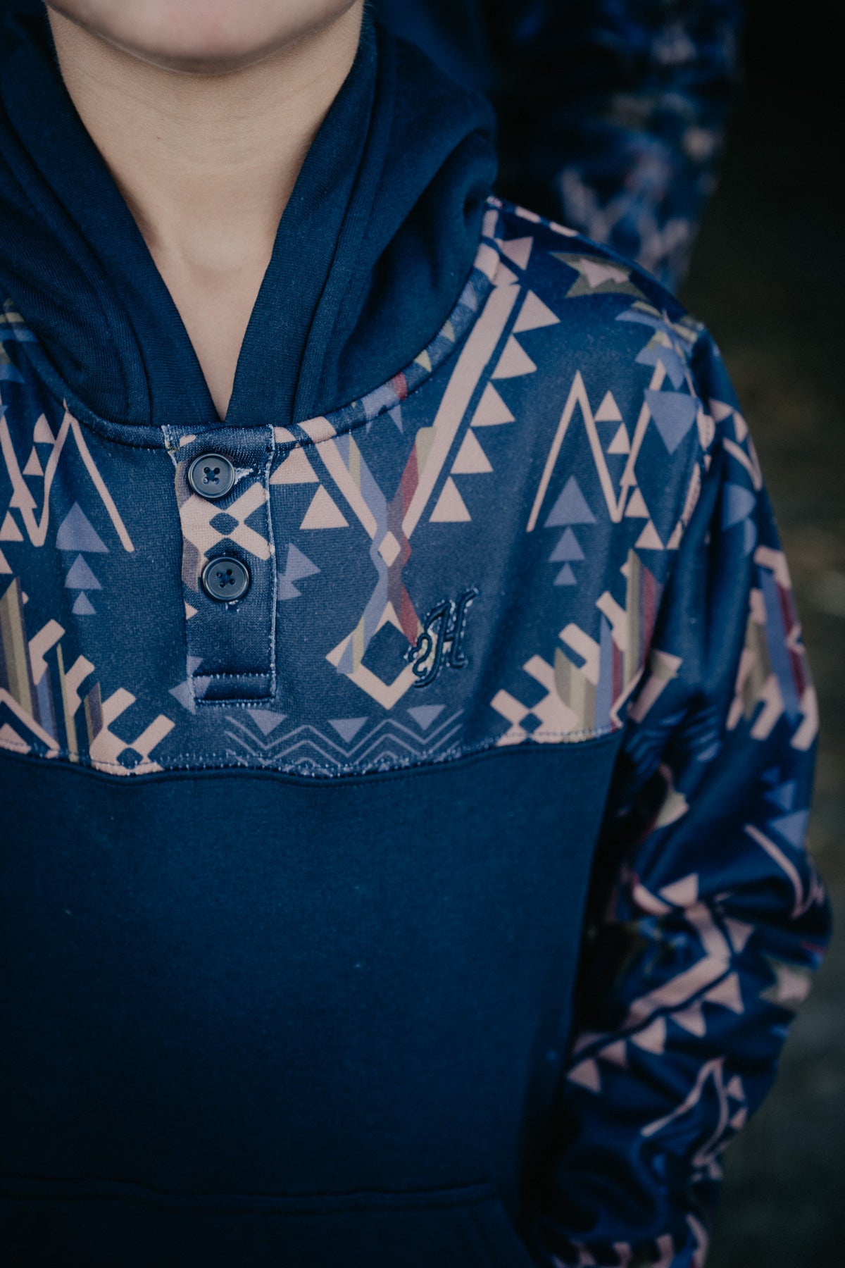 'Jimmy Jr' Boys Dark Navy Hoodie with Navy/Tan Aztec Pattern