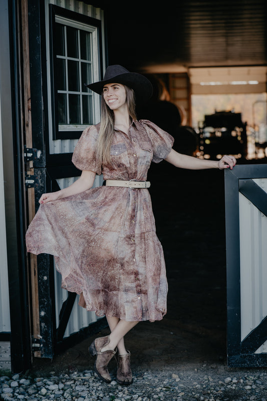 'Fannie' Metallic Paisley Print Bubble Sleeve Midi Dress (S-L)