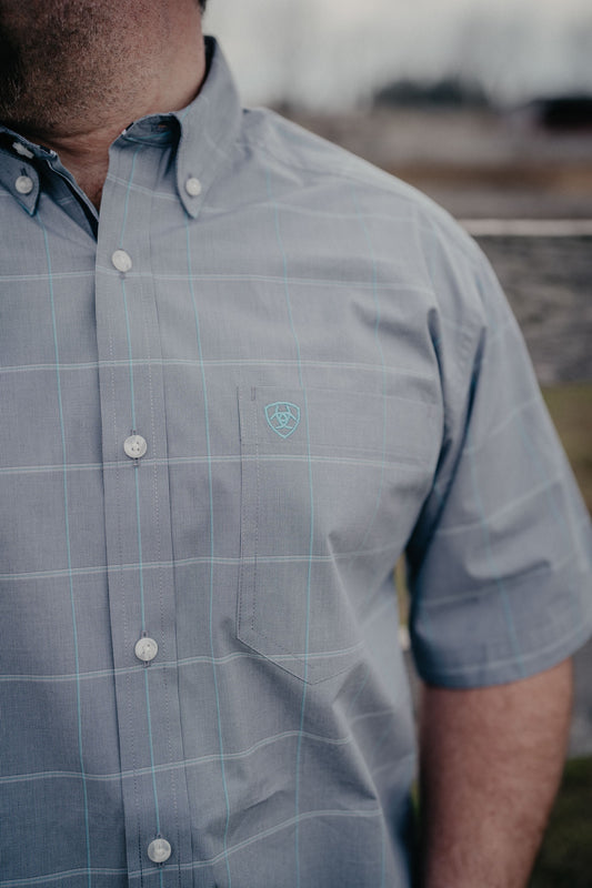 'Percy' Men's Ariat Classic Fit Grey/Blue Plaid Short Sleeve Button Down Shirt (S - XXL)