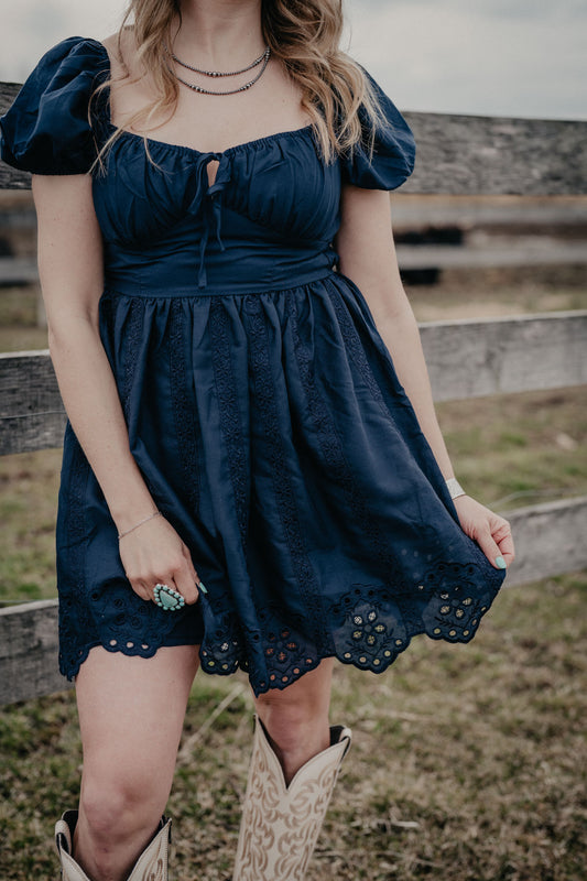 'Blair' Embroidered Puff Sleeve Navy Mini Dress (S-L)