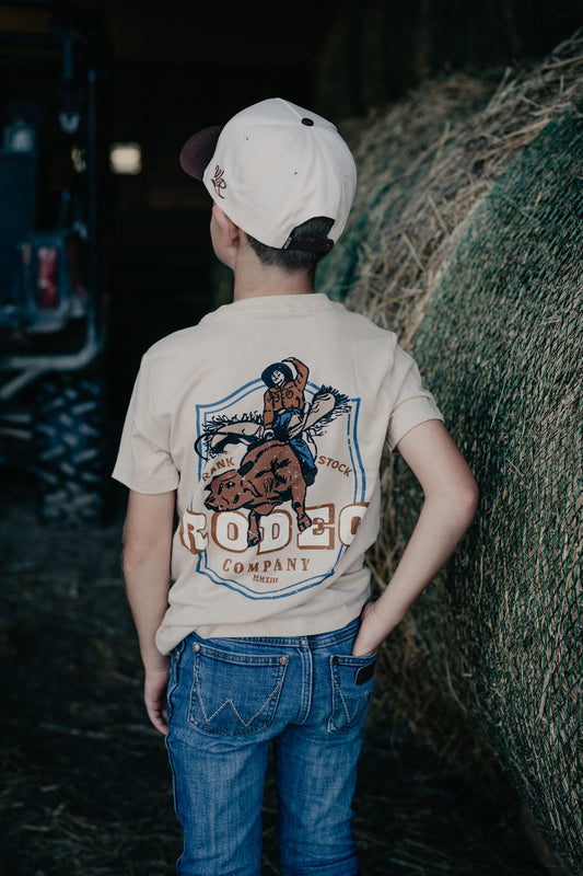 'Rank Rodeo Co' Tan Boys Crew Neck T-Shirt with Bull Rider