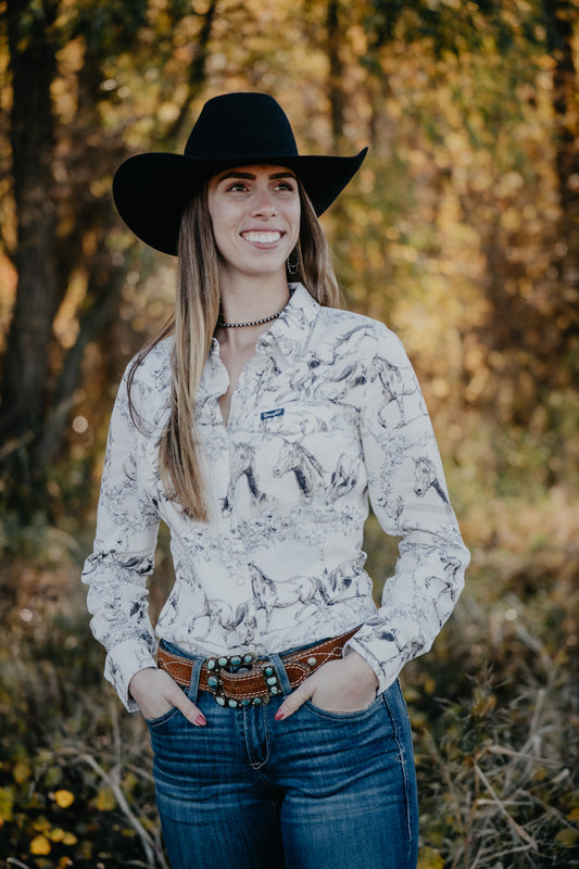 'Tina' Women's Wrangler Cream & Tan Horse Printed Pearl Snap (S-XXL)
