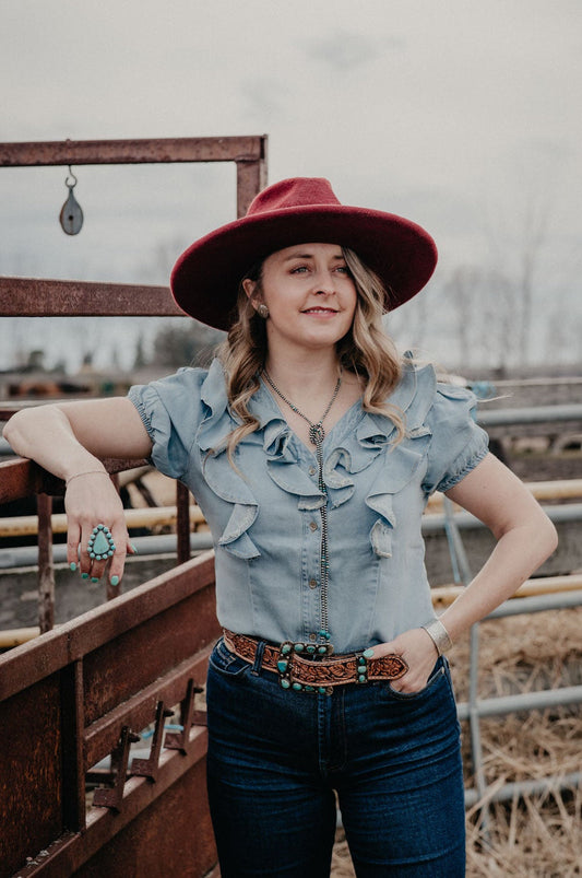 'Lori' Light Wash Denim Ruffle Women's Button Up (S-XXL)