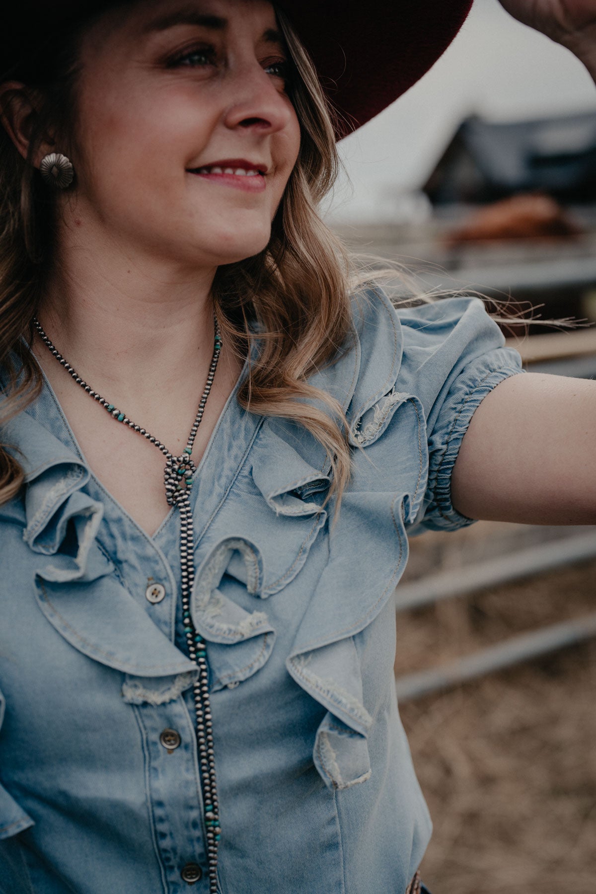 'Lori' Light Wash Denim Ruffle Women's Button Up (S-XXL)