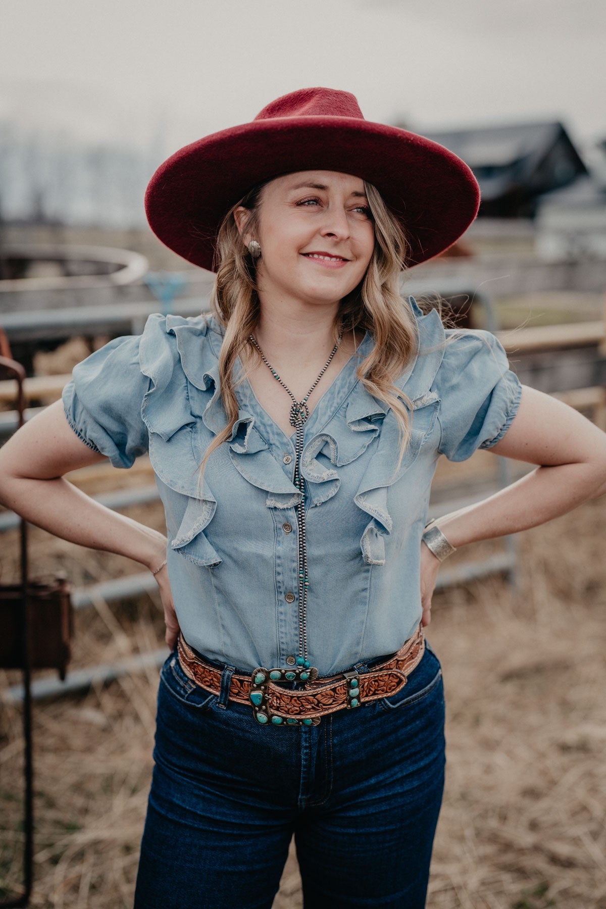 'Lori' Light Wash Denim Ruffle Women's Button Up (S-XXL)