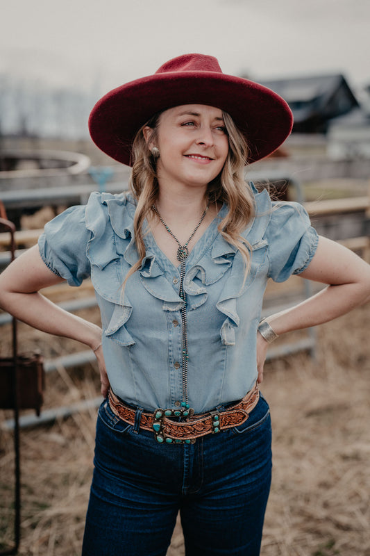 'Lori' Light Wash Denim Ruffle Women's Button Up (S-XXL)
