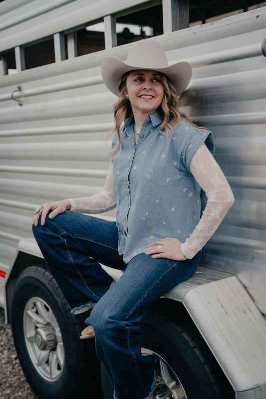 'Darling Denim' Women's Embroidered Floral Button Up (S-3X)