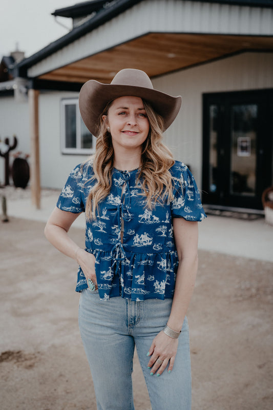 'Wanda' Western Print Front Tie Blouse (S-XL)