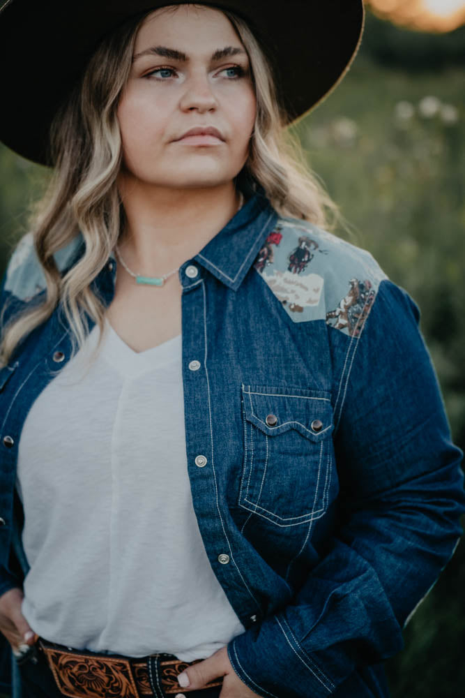'Adirondack'' Denim Pearl Snap Shirt with Western Yoke by Tasha Polizzi (S ONLY)