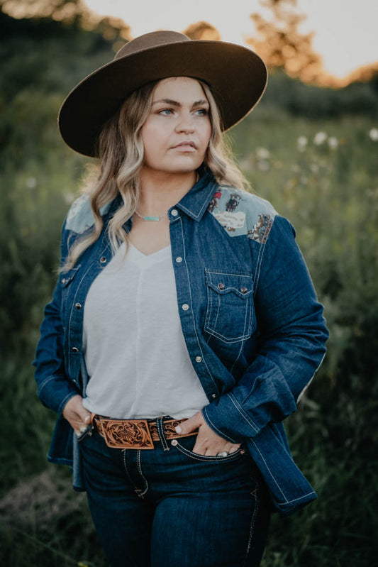 'Adirondack'' Denim Pearl Snap Shirt with Western Yoke by Tasha Polizzi (S ONLY)