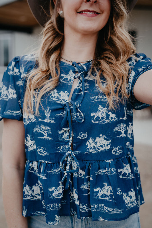'Wanda' Western Print Front Tie Blouse (S-XL)