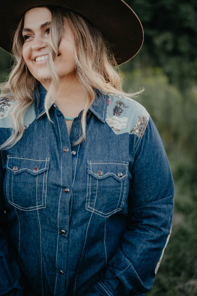 'Adirondack'' Denim Pearl Snap Shirt with Western Yoke by Tasha Polizzi (S ONLY)